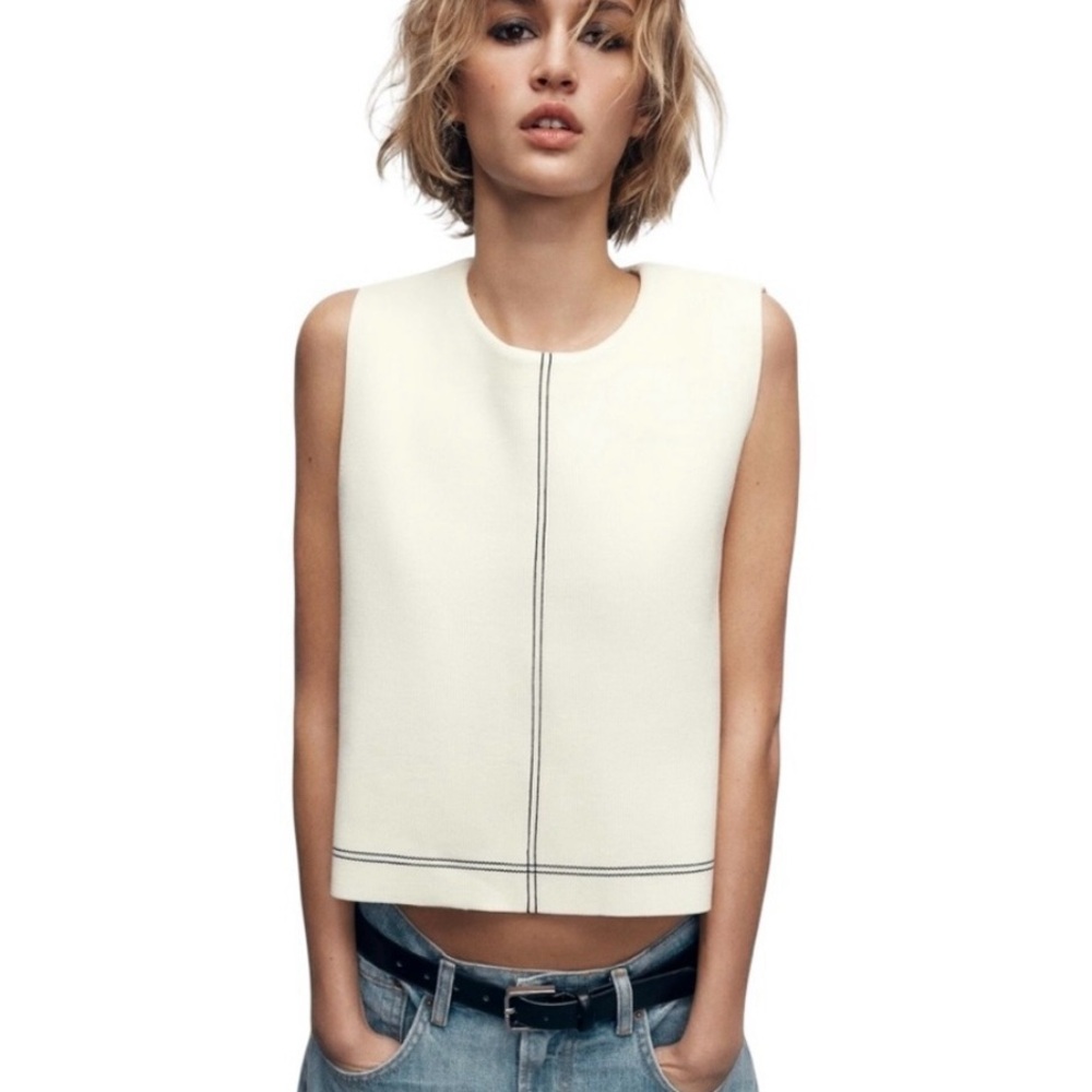 New Zara Knit Top Ecru Small Vest Modern Classic Career Casual
